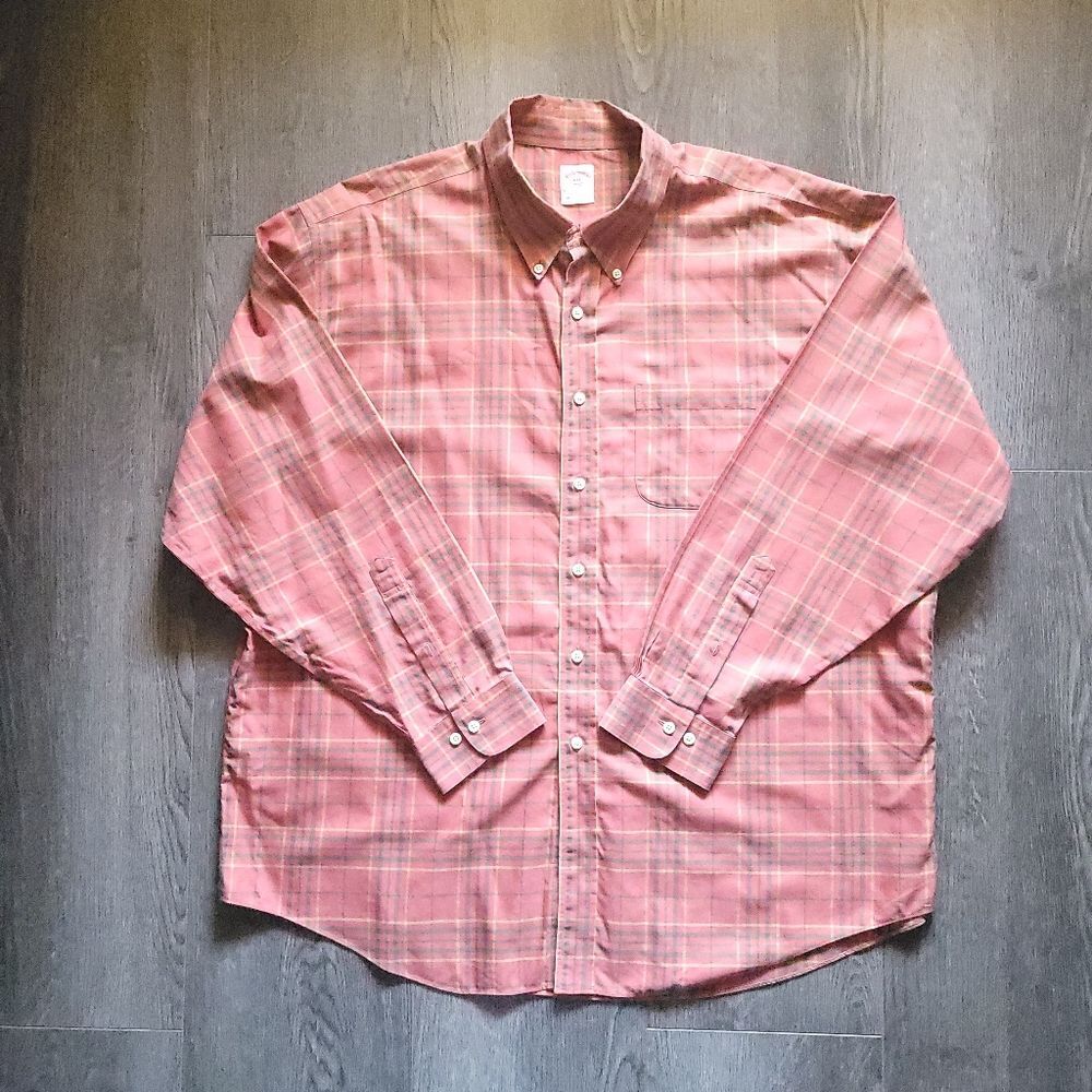 Brooks Brothers 346 Men Button Down Shirt XXL Orange Plaid Cotton Non Iron